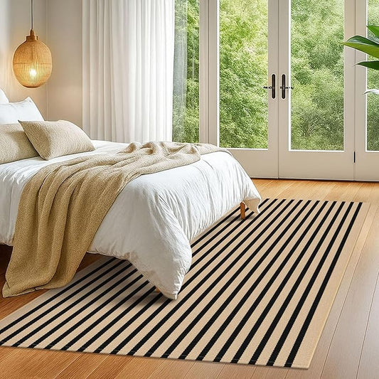 KOZYFLY 5x7 Ft Area Rug Striped Outdoor Rug Brown and Black Washable Indoor Outdoor Rug Cotton Outdoor Patio Rugs Farmhouse Rugs for Living Room Carpet for Patio Dining Room Bedroom