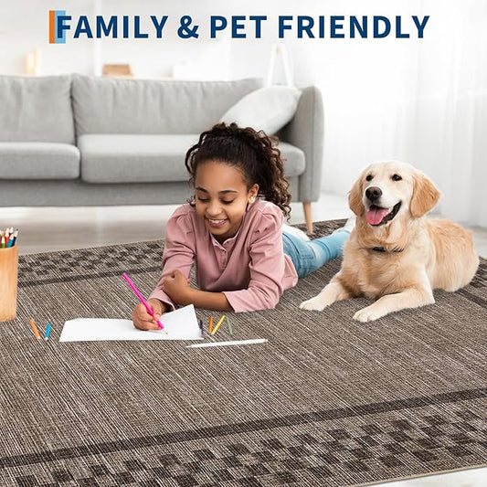 Small Bedroom Area Rug 3x5 Checkered Area Rug for Living Room Nursery Non Slip Kitchen Throw Carpet Low Pile Modern Bordered Rugs Washable Bathroom Mat Soft Brown Rugs for Laundry Entryway, Brown