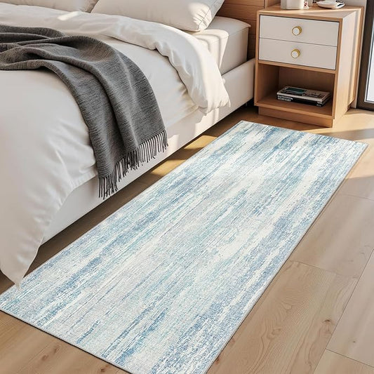 MUJOO Washable Runner Rug 2x6,Modern Abstract Area Rugs for Hallways Kitchen Bedroom Entryway Bathroom Laundry,Non Slip Carpet Long Mat Indoor,Low Pile Throw Rug Accent Neutral Blue