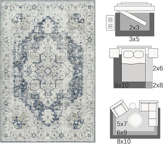 jinchan Kelda Area Rug 6x9 Washable Living Room Rug Vintage Soft Indoor Large Floor Cover Retro Distressed Mat Accent Lightweight Non-Slip Thin Carpet for Kitchen Bathroom Bedroom Grey
