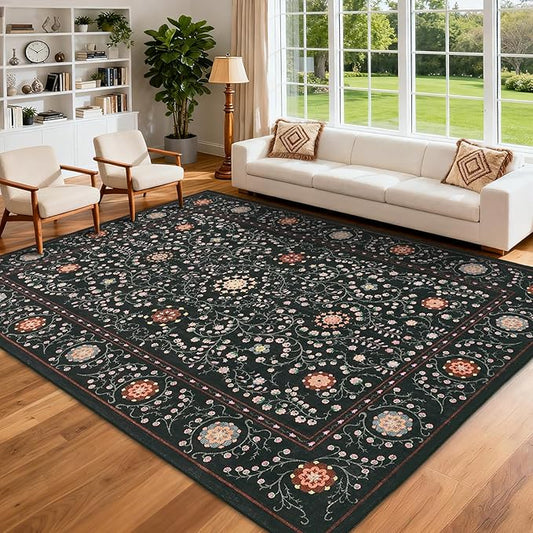 GarveeHome Boho 8x10 Area Rugs for Living Room, Floral Vintage Rugs for Bedroom with Soft Low Pile, Non Slip Stain Resistant Washable Rug 8x10 for Dining Room Black Large Carpet for Office Playroom