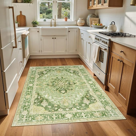 Area Rugs 4'x6' Washable Non-Slip, Floral Vintage Distress Print Pattern Medallion Carpet for Living Room Bedroom Dining Room, Sage Green Yellow