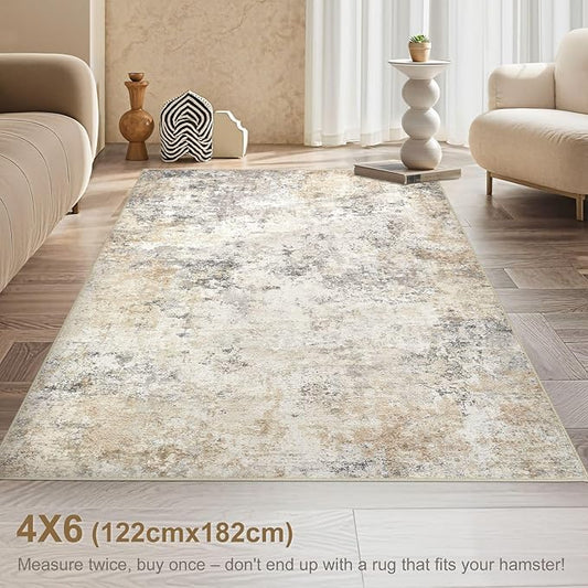 4x6 Area Rug Living Room Rugs - Washable Neutral Modern Abstract Soft Thin Rug Indoor Floor No Slip Rug Carpet for Bedroom Under Dining Table Home Office Decor - Golden Grey