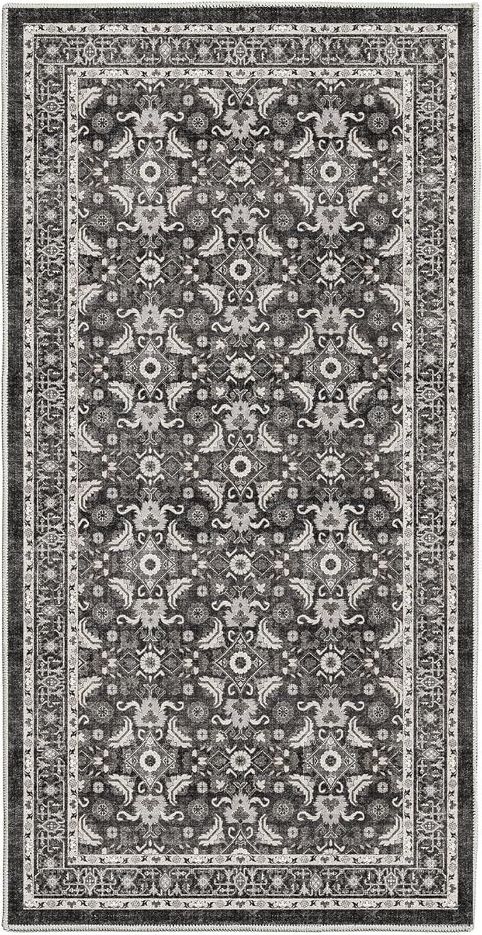 WITSHOCK Washable 2x4 Entryway Area Rug: Soft Non-Slip Backing Washable Rugs Vintage Flower Boho Accent Small Rugs for Bedroom, Kitchen, Bathroom, Nursery Entrance,Black