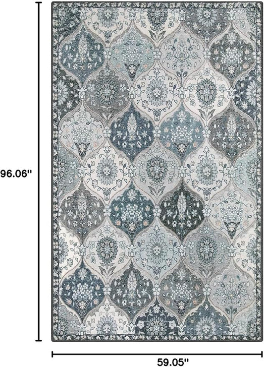 Lahome Moroccan Washable Living Room Rug, 5x8 Rugs for Bedroom Dining Room, Soft Non-Slip Non Shedding Boho Distressed Throw Carpet for Nursery Office, Blue