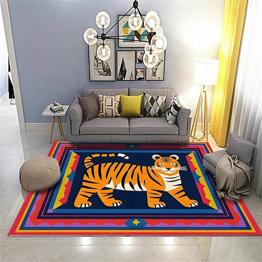 Cartoon Tiger Area Rug, 5x6ft,Tiger Theme Decorative Rug Suitable for Living Room Sofa Area, Modern Abstract Non-Slip Washable Tiger Pattern Rug Suitable for Bedroom Children's Room Decoration