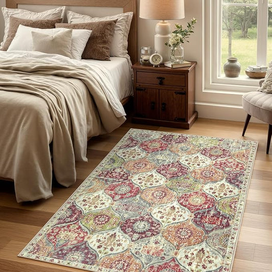 Lahome Moroccan Trellis Washable Small Area Rug, 3x5 Black Rug for Bedroom Living Room, Non-Slip Oriental Accent Throw Carpet for Kitchen Office Entryway Bathroom Office, Orange/Terracotta