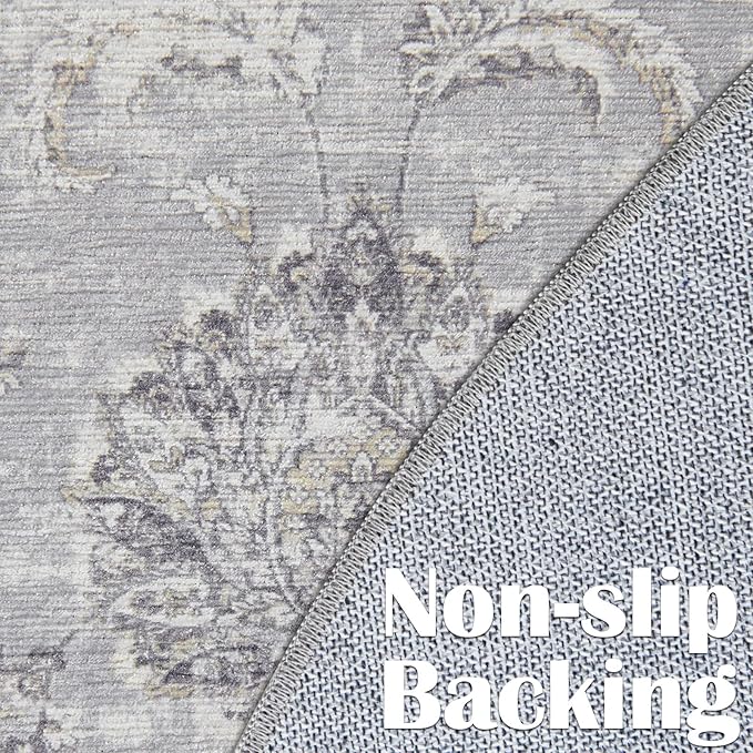jinchan Fiora Round Rug 6ft Area Rugs Vintage Floral Distressed Design - Machine Washable Non-Slip Low-Pile Ultra-Thin Circle Rug for Entryway Bedside Living Room Dining Room Bedroom (6' Round, Grey)