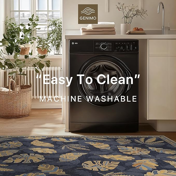 GENIMO 8x10 Area Rugs for Living Room, Machine Washable Non Slip Vintage Retro Rugs, Low Pile Soft Chenille Print Rug for Bedroom, Dining Room, Home Office, Leafy Twilight