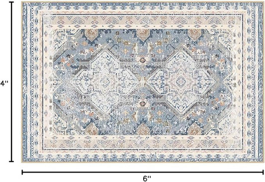 Phantoscope Washable Area Rug 4'x6' Non-Slip, Vintage Neutral Rugs for Living Room, Bedroom, Dining Room, Distressed Boho Geometric Medallion Pattern, Low-Pile Foldable Floor Carpet, Dusty Blue/Multi