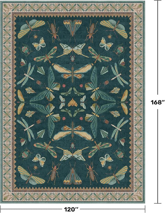 Teal Green Living Room Rugs - 10x14 Large Area Rug for Dining Room, Big Bedroom, Playroom Kids, Foldable Insect Décor