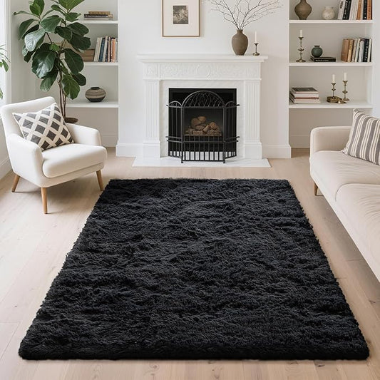 4x6 Area Rugs for Living Room Bedroom,Soft Fluffy Shaggy Bedside Rug, Indoor Floor Carpet for Kids Playroom Playroom, Dorms, Nursery Rooms, Home Decor (Black 4'x6')
