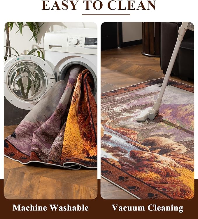 YIHOUSE Rustic Cabin Area Rug for Bedroom 8x10,Machine Washable Woodland Bear Rug,Non-Slip Low Pile Print Pattern Wildlife Rug for Living Room