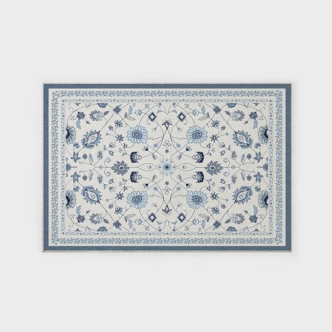 EVERGRACE Area Rugs for Living Room 4x6, Boho Floral Faux Wool Indoor Outdoor Rugs, Washable Rugs for Bedroom Entryway Dining Room Hallyway, Low Pile Floor Mat Carpet for Home Decor, Porcelain Blue