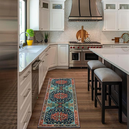 WILLSUN Washable Area Rugs, 2x6 Non-Slip Boho Area Rugs for Kitchen, Living Room, Bedroom, Machine Washable Vintage Rug, Indoor Floral Print Carpet for Home Decor, Kid & Pet Friendly Mat