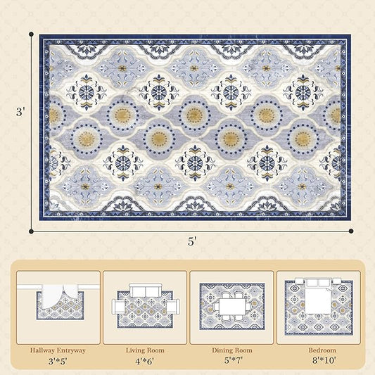 EnHomee Area Rugs 3x5, Soft Washable Rugs for Living Room Bedroom, Boho Non Slip Low Pile Stain Resistant Washable Rug Large Carpet for Dining Room,Easy to Clean Living Room Rug, Blue