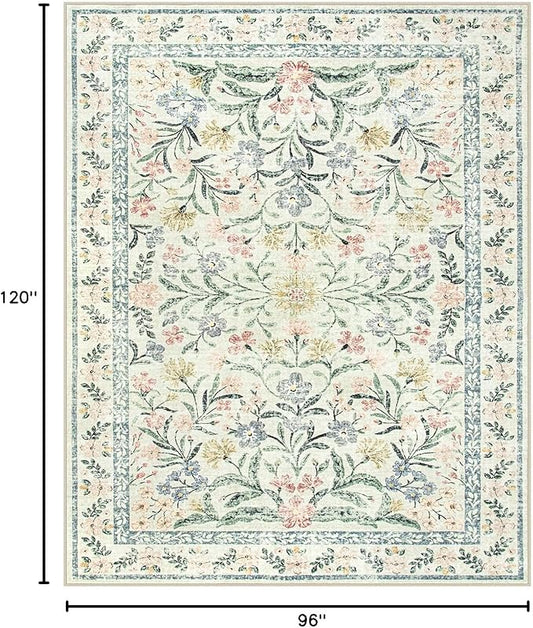 Lahome Boho Rugs for Living Room, Washable Large 8 x 10 Area Rugs for Bedroom Non Slip, Soft Ultra-Thin Distressed Floral Throw Carpet for Office Dining Room, Cream/Multi