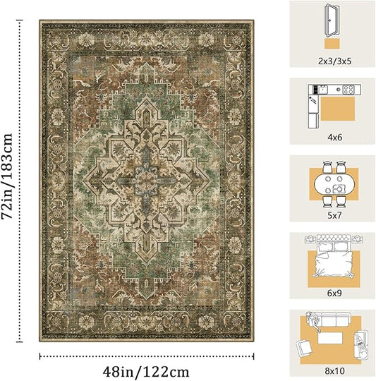 4x6 Machine Washable Area Rug for Living Room, Brown Green Boho Vintage Floral Rug Large Non-Slip Low Pile Soft Faux Wool Carpet, Kids and Pets Friendly for Bedroom Dining Room Farmhouse Decor Rug