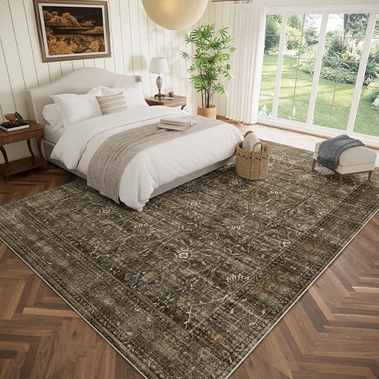 Washable 9x12 Area Rugs for Living Room, Boho Non-Slip Vintage Distress Lager Rugs for Bedroom Dining Room Nursery Office, 0.3" Neutral Oriental Throw Thin Carpet, Rust/Multi