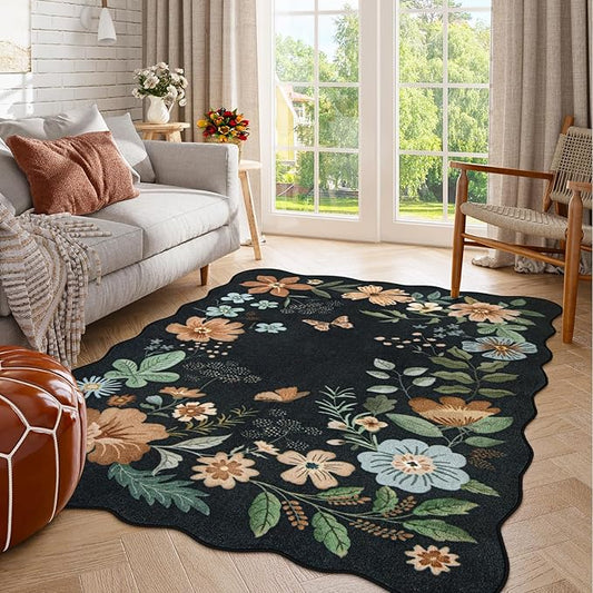 Lahome Floral Washable Rugs for Bedroom, 4X6 Living Room Rug Ultra-Thin, Non-Slip Soft Stain Resistant Boho Throw Carpet for Office Entryway Dining Room (4x6ft,Black/Grey)