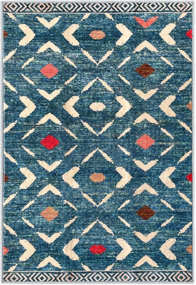 KILOCOCO Area Rug 3'x5' Rug for Entryway Washable Printed Bedroom Rugs Non Slip Boho Low-Pile Soft Rugs for Kitchen Dining Geometric Moroccan Carpet, Teal/Blue