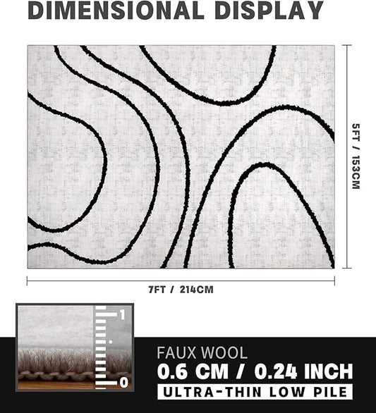 YIHOUSE Modern Area Rugs for Bedroom,5x7 Washable Black and White Rug, Thin Abstract Geometric Minimalist Striped Rug, Black Rugs for Bedroom,Kitchen,Dining Room Office