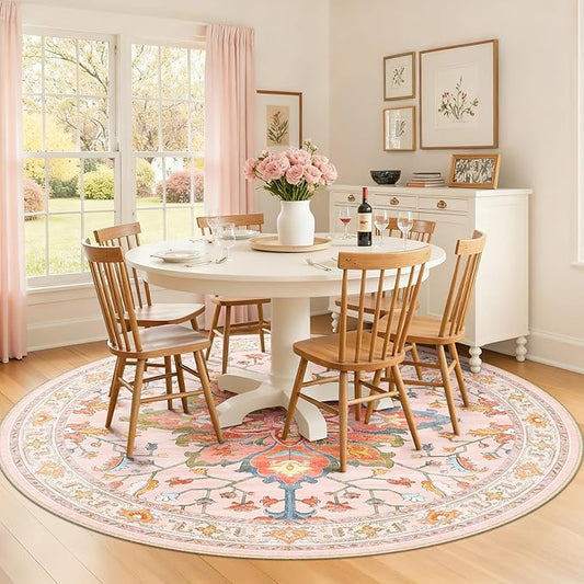 Area Rugs 8ft Washable Non-Slip, Floral Vintage Distress Print Pattern Medallion Carpet for Living Room Bedroom Dining Room, Light Pink Colorful