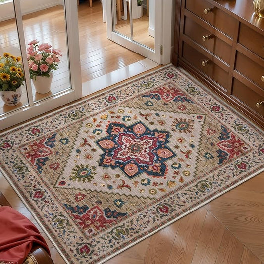 Tangsoo Vintage Small Rug 2x3 Washable Rugs for Entryway Non-Slip Oriental Low Pile Rug for Front Door, Kitchen, Indoor, Accent Throw Small Area Rug, Door Mat for Entrance, Soft Boho Beige/Red