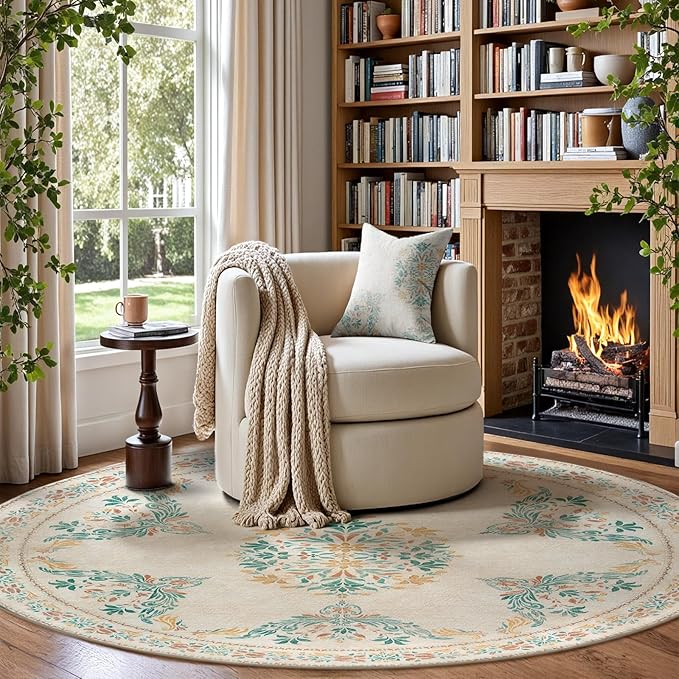 jinchan Round Rug 6ft Area Rugs Vintage Floral Distressed Design, Machine Washable Soft Non-Slip Low-Pile Ultra-Thin Circle Rug for Bedside Living Room Dining Room Bedroom (6' Round, Apricot Multi)