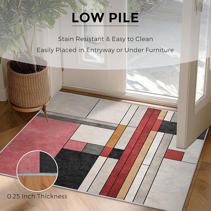 6x9 Abstract Geometric Rugs for Bedroom Decor, Washable Black White Red Geometry Pattern Area Rug, Living Room Home Decoration, Non Slip Soft Thin, Minimalist Modern Decor Carpet PF-P 49