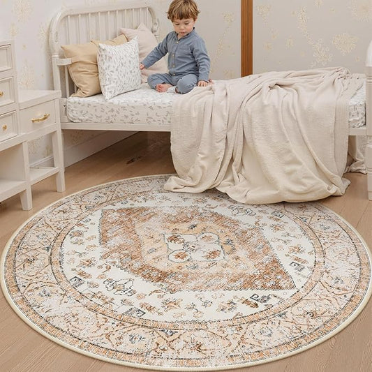 Lahome Boho Round Rugs - 4Ft Washable Non-Slip Small Round Area Rug Throw Lightweight Round Nursery Carpet Kids,Oriental Distressed Print Kitchen Mat for Bedroom Entryway Bathroom Living Room