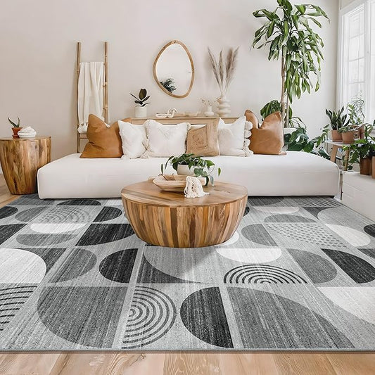 MUJOO Washable Rugs 9x12,Large Area Rugs for Living Room Bedroom Dining Room,Boho Throw Floor Carpet Non Slip Soft Modern Abstract Black and Grey