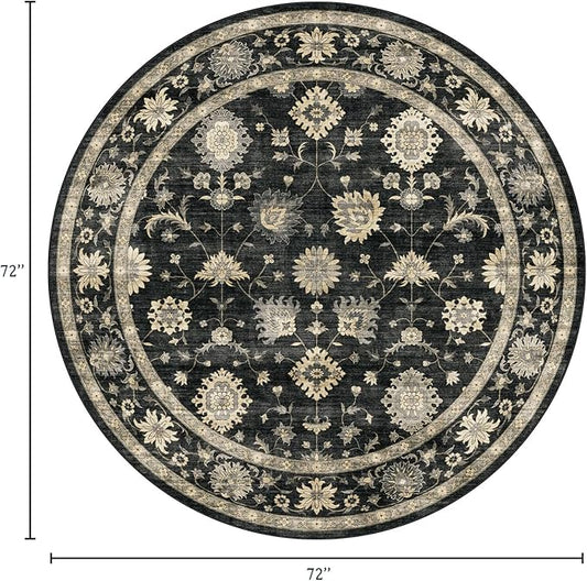 Washable Round Area Rug 6ft - Charcoal Black Traditional Floral Living Room Circle Rug Non-Slip Farmhouse Dining Room Carpet Soft Vintage Boho Round Rugs for Bedroom Office Entryway