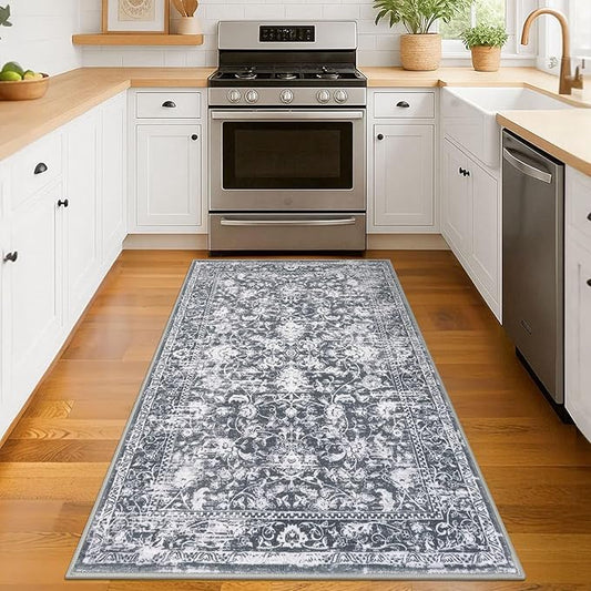 KILOCOCO Area Rug 3x5 Entryway Rug Washable Printed Vintage Floral Rubber Backed Non Slip Indoor Kitchen Rugs for Living Room Laundry Room Playroom Mudroom Moroccan Area Rugs, Grey