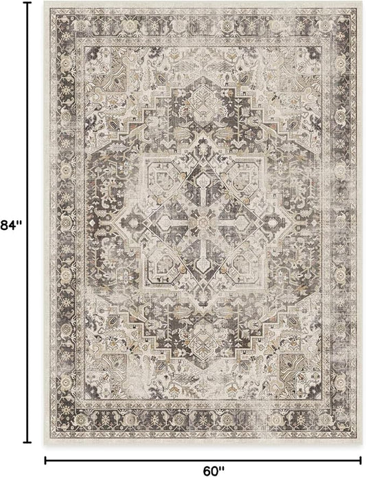 RUGGABLE Washable Vintage Area Rug – Kamran Hazel 5x7, Stain-Resistant, Non-Slip – Medium Machine Washable Rugs for Living Room, Bedroom, Hallway, Entryway & Office–with Cushioned Pad