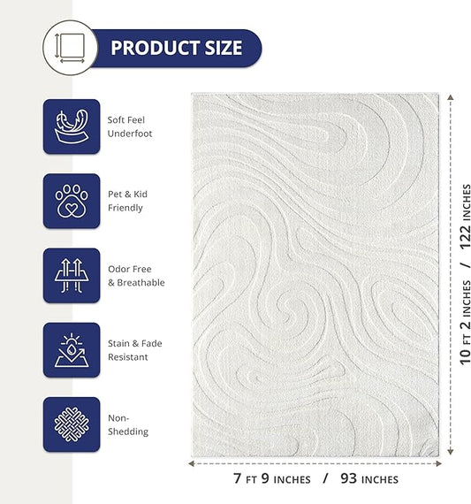 Abani Cozy Cream Area Rug for Living Room, Bedroom - Swirl Waves Pattern - 8' x 10' - Durable & Easy to Clean