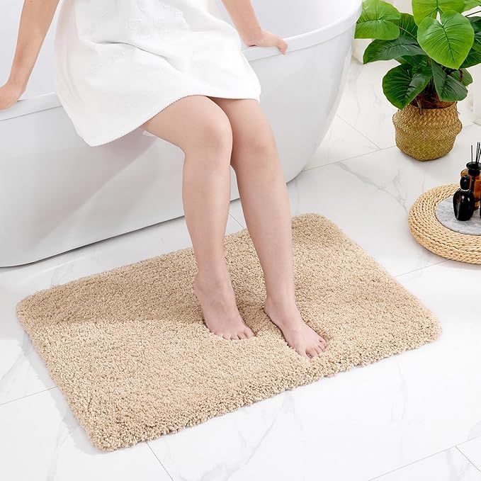 Beige Bathroom Rug 20x32 Non Slip Fluffy Bath Mat for Bathroom Floor Washable Plush Luxury Bath Rug for Tub Soft Shaggy Absorbent Shower Sink Mat