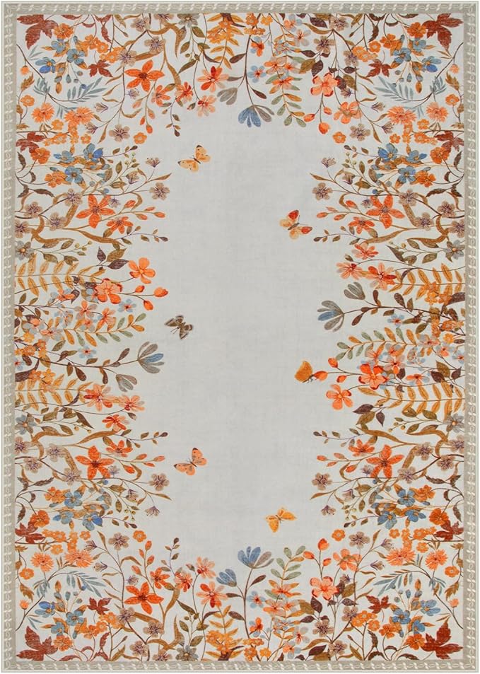 Wonnitar Fall Washable 5x7 Rug for Bedroom, Low Pile Soft Boho Floral Living Room Area Rug, Non Slip Throw Carpet for Girls Room Nursery Playroom Guest Room (Orange,5'x7')