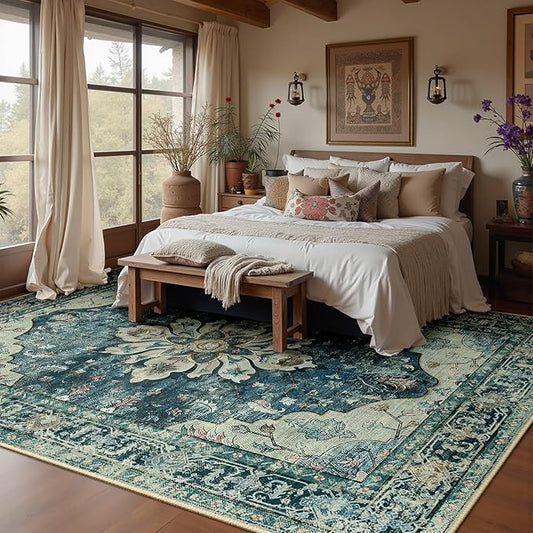 Area Rugs 6'x9' Washable Non-Slip, Floral Vintage Distress Print Pattern Medallion Carpet for Living Room Bedroom Dining Room, Dark Blue Vintage
