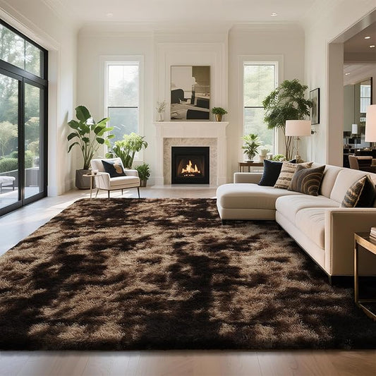 Fluffy Rug Shaggy Area Rug, Mottling Brown 9x12 Area Rugs for Living Room, Large Shag Area Rugs for Bedroom Kids Room Home Decor, Upgrade Anti-Skid Rectangular Fuzzy Rugs