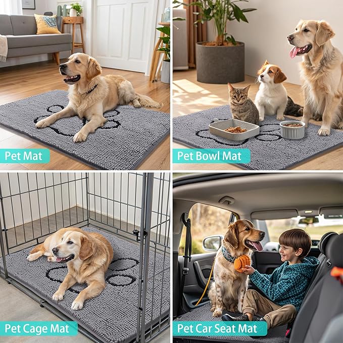 Smiry Dog Door Mat for Muddy Paws, Absorbent Dirt Trapper Non Slip Quick Dry Washable Chenille Mat for Mud Dogs, Entry Rug for Indoor and Outdoor (54x32 Inches, Grey and Black)