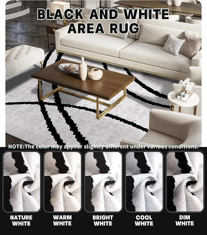 YIHOUSE Modern Area Rugs for Living Room, 8x10 Washable Black and White Rug, Thin Abstract Geometric Striped Rug, Area Rug for Bedroom,Kitchen,Dining Room,Office