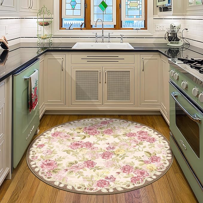 4ft Round Machine Washable Area Rug for Living Room, Pink Vintage Boho Floral Rug Large Non-Slip Low Pile Soft Faux Wool Carpet, Kids and Pets Friendly for Bedroom Nursery Farmhouse Home Decor Rug