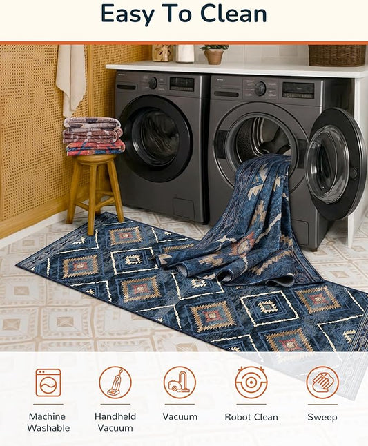 Area Rug 2x6 Rug Machine Washable Non-Slip Low Pile Print Pattern Western Rug for Living Room Bedroom Entryway Tribal Series -Darkblue