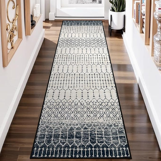 Lahome Moroccan Washable Runner Rug 2x6, Black Stain Resistant Non-Slip Kitchen Rug Runner, Ultra-Thin Geometric Print Distressed Floor Carpet for Entryway Laundry Bedroom