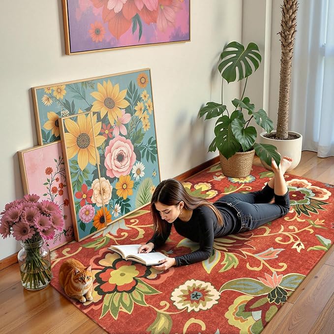 Lahome Floral Red 3x5 Area Rug, Washable Kitchen Fall Rugs Non-Slip Stain Resistant Soft Throw Low-Pile Carpet for Bedroom, Christmas Paisley Print Floor Carpet for Living Room Entryway Office