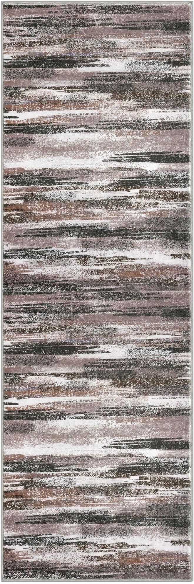 Modern Abstract Runner Rug 2.6x8, Dark Light Brown White Washable Kitchen Runner Non-Slip Soft Hallway Rug Runner Thin Print Faux Wool Carpet for Entryway Bedroom Laundry Room Indoor
