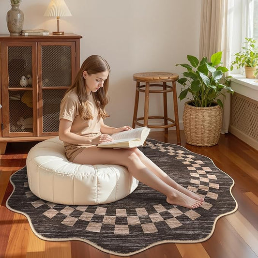 GarveeHome Scalloped Round Rug 4ft Modern Solid Color Circle Rugs Non Slip Low Pile Living Room Throw Carpat Washable Bedroom Scalloped Round Area Rug Stain Resistant Bordered Rug for Kitchen, Brown