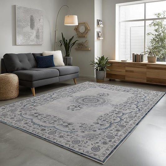 Washable Rugs 5x7 Area Rugs for Living Room, Thin Carpet for Bedroom, Soft Faux Wool Retro Dining Room Rug,Non Slip&Non-Shedding Resistant Low Pile Vintage Print Rug for Home Office (Grey/Blue)