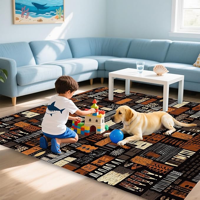African Style Brown Orange Area Rug for Living Room, Non-Slip Backing Low Pile Modern Abstract Rug for Indoor Use, 5x7 Washable Carpet